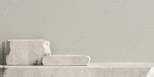 Brown stone podium, Cosmetic display stand on brown background. 3D rendering	
 photo