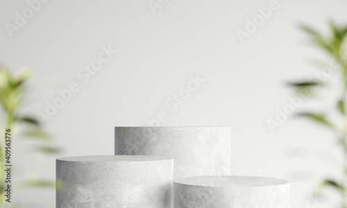 Concrete podium, Cosmetic display stand with blurred green plant. 3D rendering