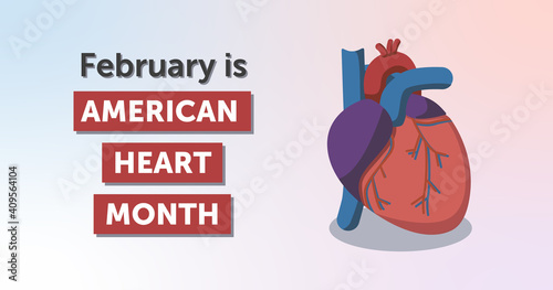 American heart month banner with anatomical heart for social media or website in flat style