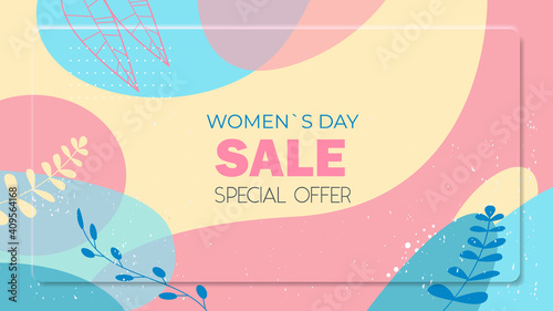 womens day 8 march holiday celebration vibrant sale banner flyer or greeting card with decorative leaves and hand drawn textures horizontal vector illustration