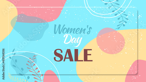 womens day 8 march holiday celebration vibrant sale banner flyer or greeting card with decorative leaves and hand drawn textures horizontal vector illustration