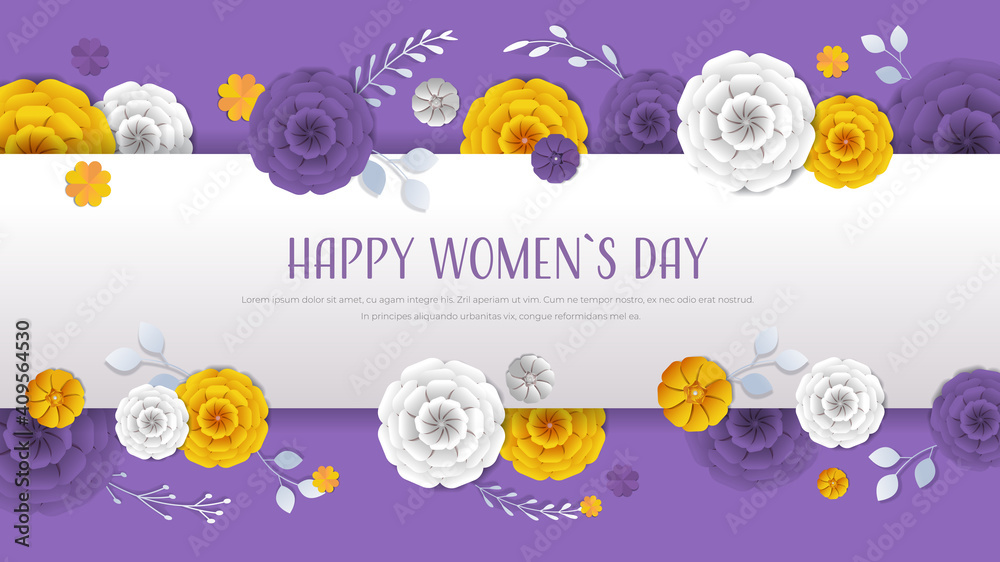 womens day 8 march holiday celebration banner flyer or greeting card with decorative paper flowers 3d rendering horizontal copy space vector illustration