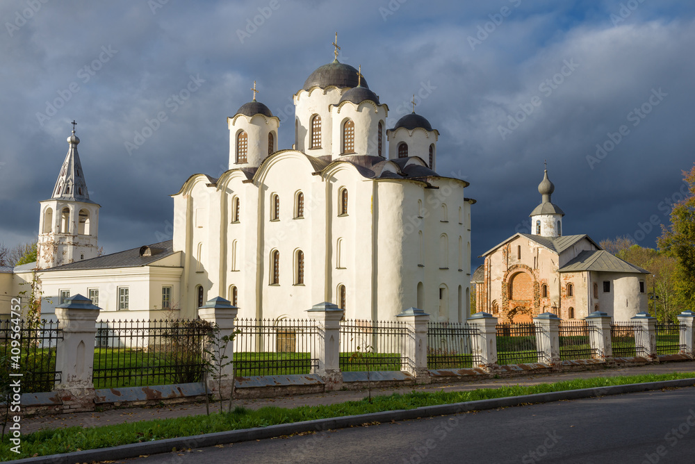 Ancient temples of Veliky Novgorod under the heavy October sky. Russia