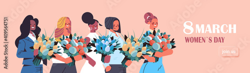 mix race businesswomen holding bouquets womens day 8 march holiday celebration concept portrait horizontal vector illustration