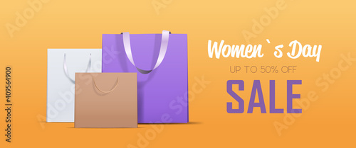 colorful shopping bags womens day 8 march holiday sale special offer shopping concept greeting card poster or flyer horizontal vector illustration