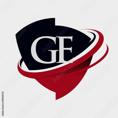 initial letter GE logotype company name colored red and black swoosh and emblem design. isolated on white background.