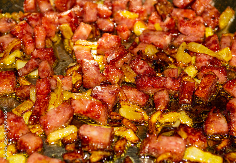 Fried sausage, onion. Fried sausage, onion.