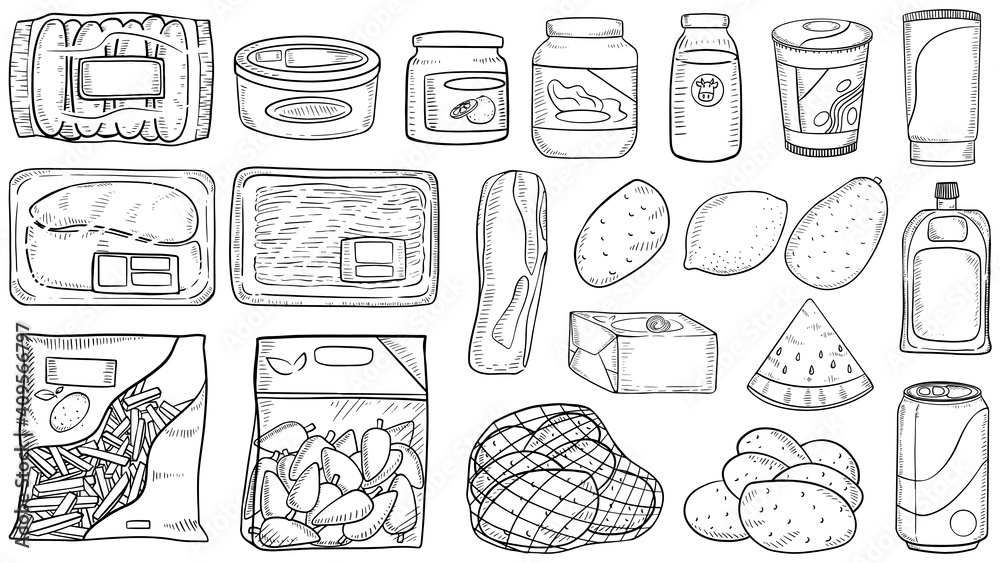 grocery items freehand sketch drawing style in black and white color set. French Fries, Pepper, potato, can, jam bottle, minced meat pack, watermelon, milk, cup, ingredient, supermarket grocery items