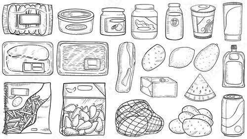 grocery items freehand sketch drawing style in black and white color set. French Fries, Pepper, potato, can, jam bottle, minced meat pack, watermelon, milk, cup, ingredient, supermarket grocery items