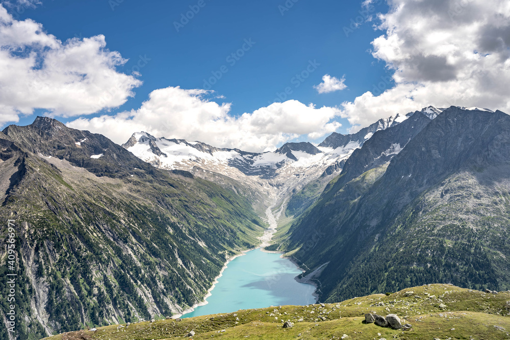 Breathtaking view of schlegeisspeicher glacier reservoir in Zillertal alps in Austria