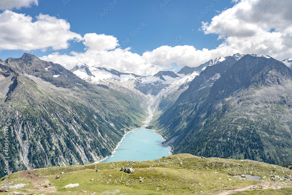 Breathtaking view of schlegeisspeicher glacier reservoir in Zillertal alps in Austria