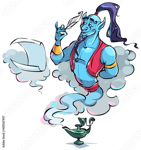 Cartoon Genie coming out of a magic lamp