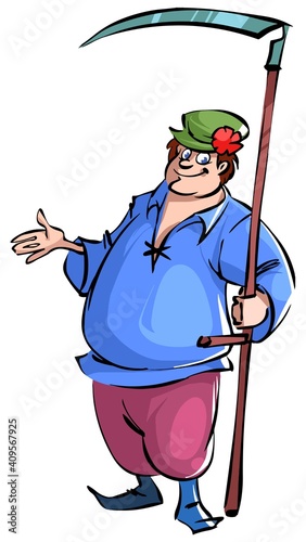 Funny cartoon farmer with the scythe isolated on white