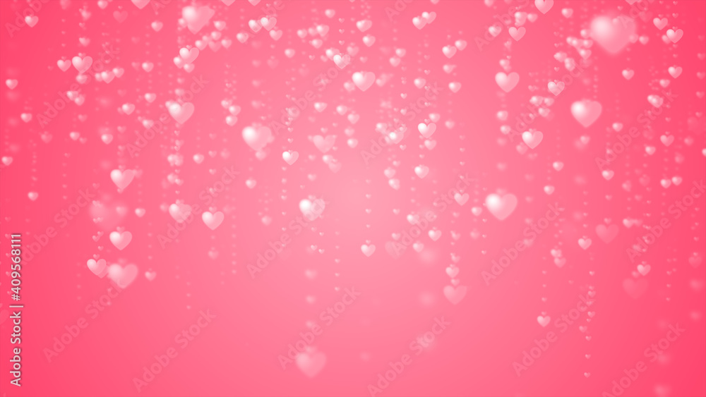 Valentine's day abstract background, flying pink hearts with lettering and particles valentines concept, 3d rendering