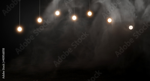 Light bulbs on dark smoke background.3d rendering.