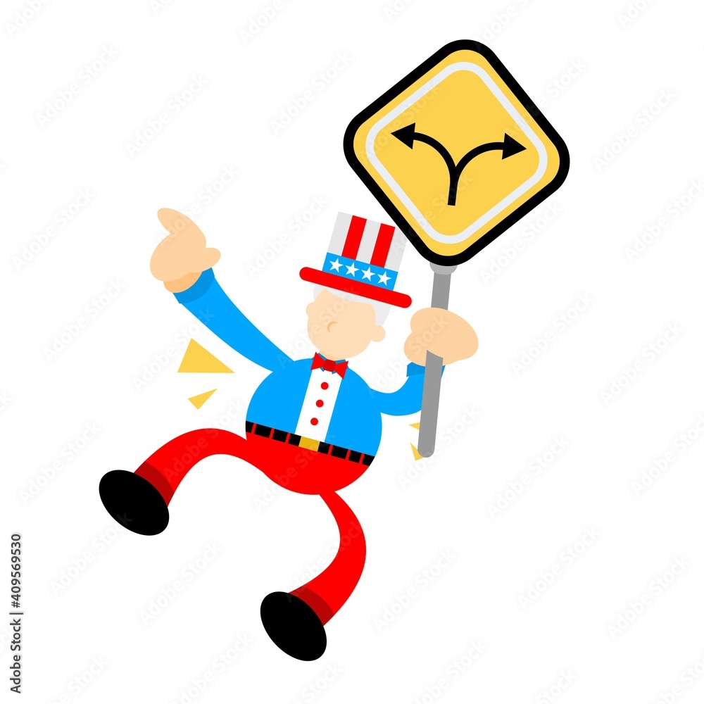 uncle sam america and two direction path road sign cartoon doodle flat design style vector illustration uncle sam america and two direction path road sign cartoon doodle flat design style vector illustration