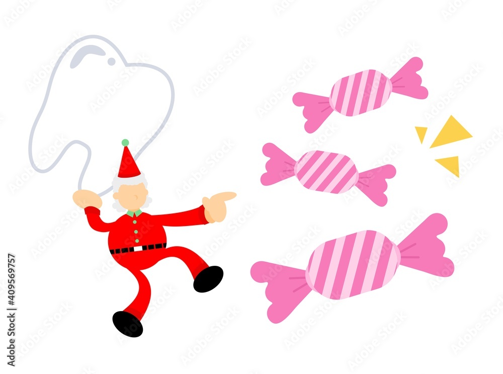 christmas santa claus merry and dental care stop eat candy cartoon doodle flat design style vector illustration