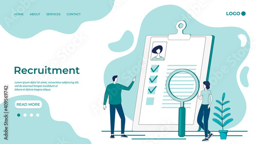 People pick up jobs.Resume review, recruitment, employee search, HR, headhunting.Flat abstract vector illustration.Landing Page Template