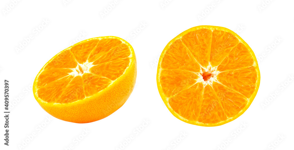 Orange fruit cut in half isolated on white background Orange fruit cut in half isolated on white background