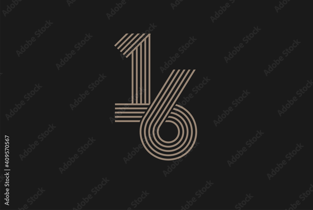 Number 16 Logo, Monogram Number 16 logo multi line style, usable for anniversary and business logos, flat design logo template, vector illustration - obrazy, fototapety, plakaty 