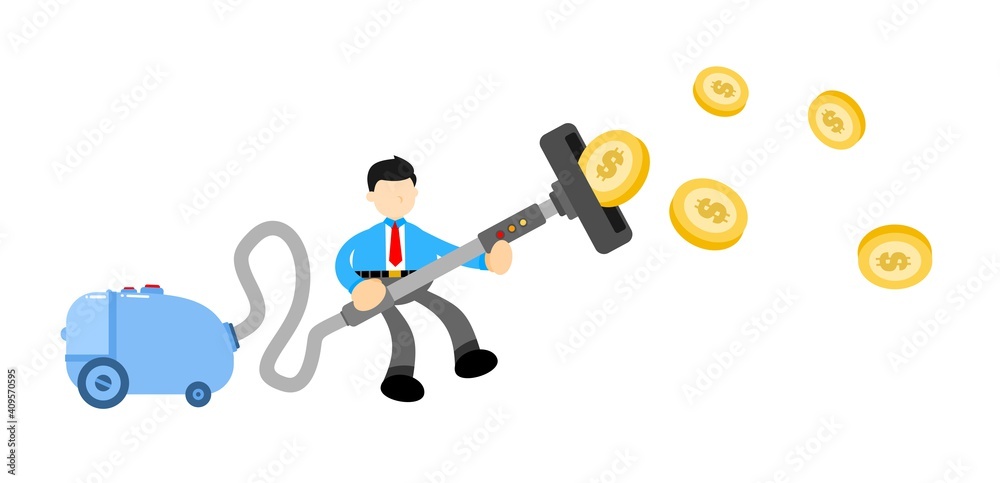 businessman worker and vacuum cleaner clean catch money cartoon doodle flat design style vector illustration