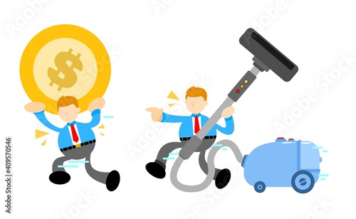 businessman worker and vacuum cleaner clean catch money cartoon doodle flat design style vector illustration