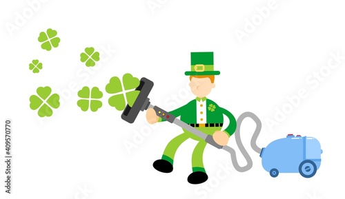 leprechaun shamrock celtic and vacuum cleaner clean catch clover cartoon doodle flat design style vector illustration