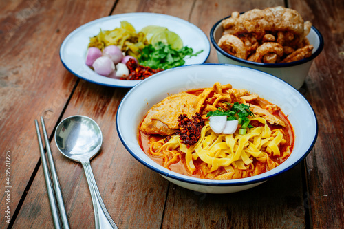 Khao soi - Traditional Thai Food, Thai curry with  A noodle dish in a yellow curry with chicken. 
Khao soy a famous northern Thai food