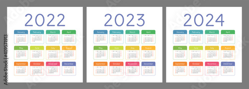 Calendar 2022, 2023 and 2024 years. English colorful vector set. Square wall or pocket calender template. Design collection. New year. Week starts on Sunday