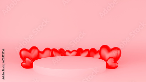 Circle podium pinkd pastel color red heart. Valentine's day concept. Mock-up showcase for product. 3D Rendering illustration. photo