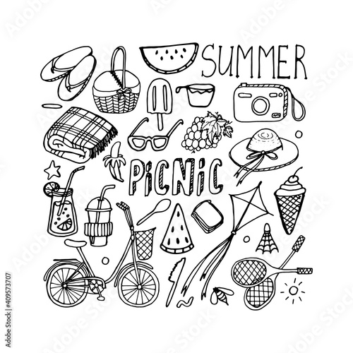 Summer picnic doodle set. Various meals, drinks, objects, sport activities. Vector illustration isolated over white background.