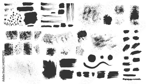 Vector hand drawn ink design elements. Sponge stamps, dry brush marks, splatter sprinkles, wave, black frames. Set of grunge black artistic brushstroke design elements isolated on white background photo