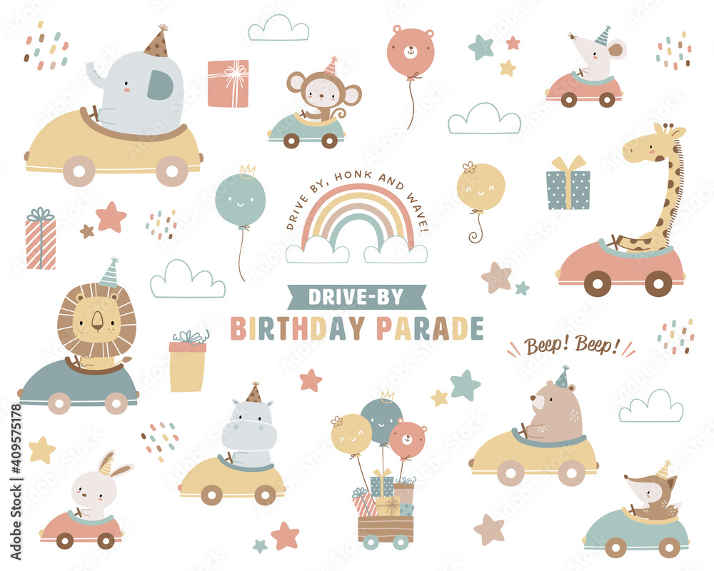 Collection of drive-by birthday parade theme illustrations. Cute animals in a car, rainbow and clouds, balloons, gift boxes, and stars. - obrazy, fototapety, plakaty 