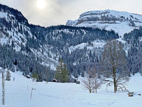 Ice winter atmosphere with fresh snow on the alpine peak Chäserrugg (Chaeserrugg or Chaserrugg) in Churfirsten mountain range and in the Obertoggenburg region, Wildhaus - Switzerland (Schweiz) photo