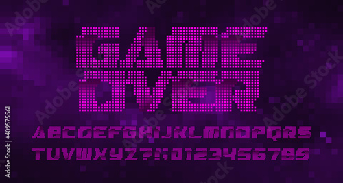 Game Over alphabet font. Digital letters and numbers. Pixel background. 80s arcade video game typescript.