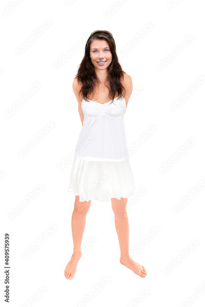Full leght portrait of a beautiful young woman wearing a short summer skirt, tank top and sunglasses, isolated on white studio background Full leght portrait of a beautiful young woman wearing a short summer skirt, tank top and sunglasses, isolated on white studio background