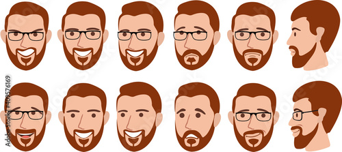 Bearded man with different facial expressions set vector illustration. Set of different emotions male character. Handsome man emoji with various facial expressions. Isolated on white background © EVGENIY