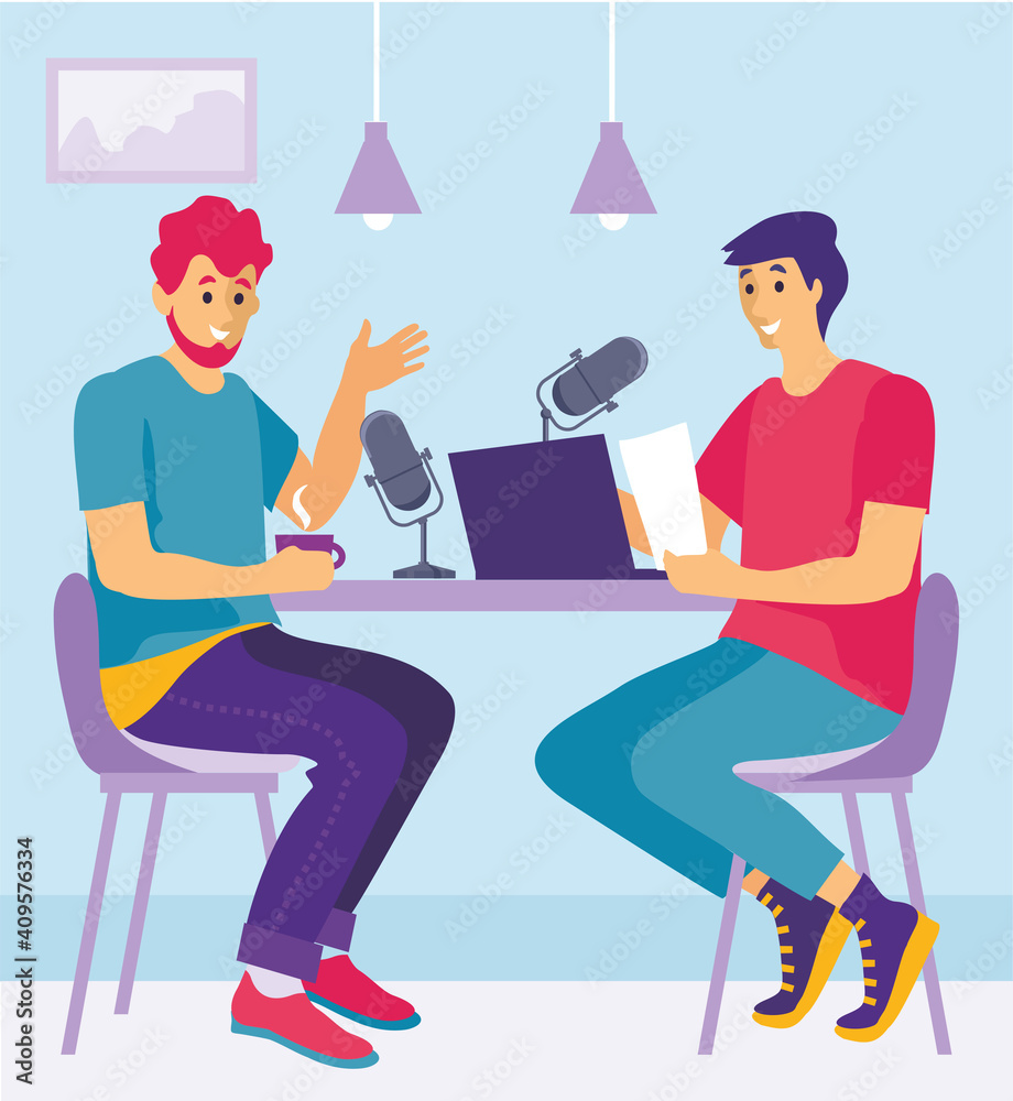 Podcast show. Two guy broadcasting, Podcast vector illustration in flat style. Radio studio. Two bloggers with table studio microphone. Broadcast concept. Two men recording and listening audio podcast