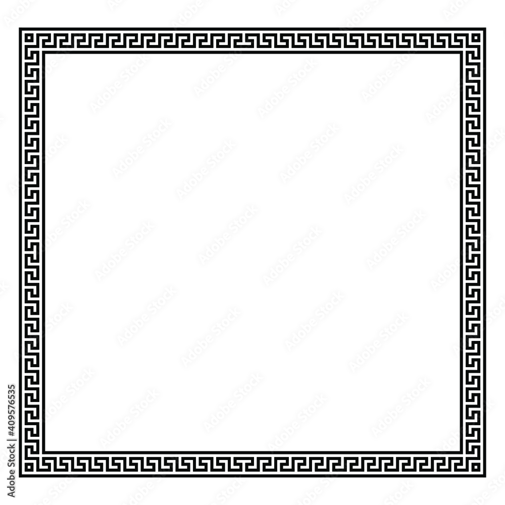 Square frame with seamless winding pattern. Meandros, decorative frames, are built from continuous lines, formed into repeated motifs. Greek fret or Greek key. Vector illustration. Square frame with seamless winding pattern. Meandros, decorative frames, are built from continuous lines, formed into repeated motifs. Greek fret or Greek key. Vector illustration.
