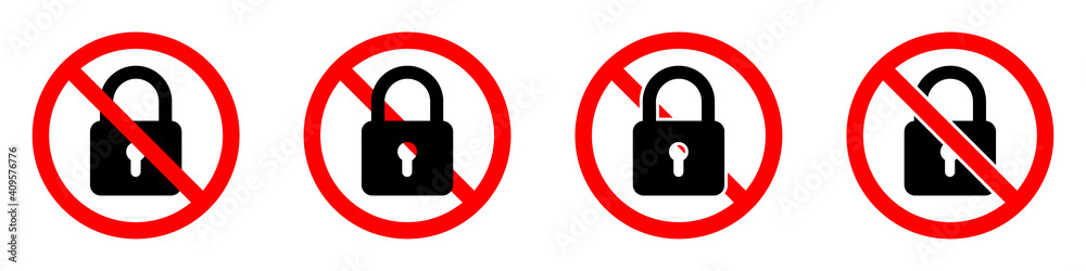 No lock icon. Blocking icon. Lock is prohibited. Vector illustration. No lock icon. Blocking icon. Lock is prohibited. Vector illustration.