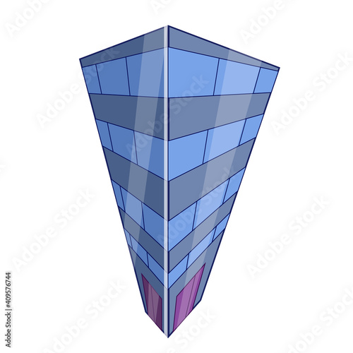 Blue skyscraper with violet doors in a white background.
