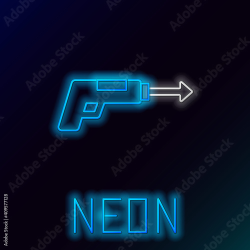 Glowing neon line Fishing harpoon icon isolated on black background. Fishery manufacturers for catching fish under water. Diving underwater equipment. Colorful outline concept. Vector.