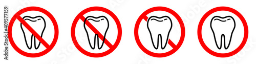 No tooth icon. Stop or ban red round sign with tooth icon. Vector illustration.
