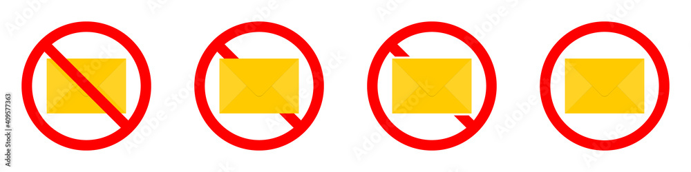Mail ban icon. Letter is prohibited. Stop email icon. Mail ban icon. Letter is prohibited. Stop email icon.
