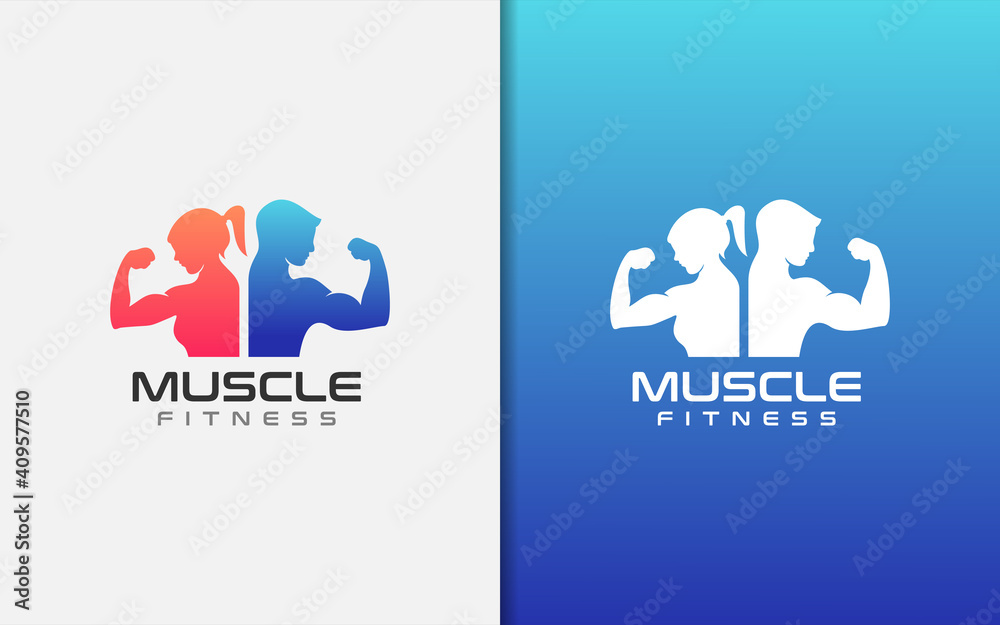 Muscle Fitness Gym Logo Design. Muscular Woman and Man Stand Together