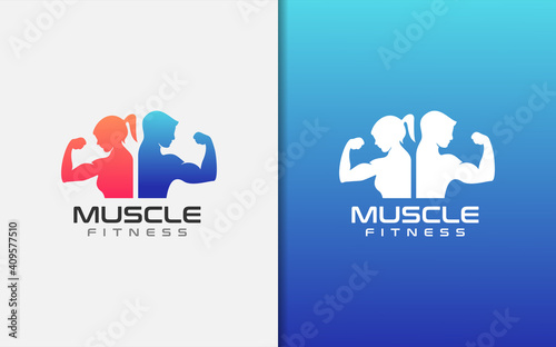 Muscle Fitness Gym Logo Design. Muscular Woman and Man Stand Together as A Symbol of The Gym.