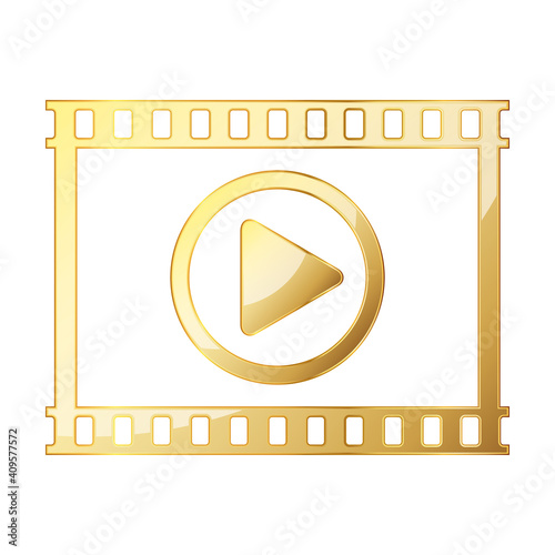 Gold video play button. Play icon isolated. Vector illustration.