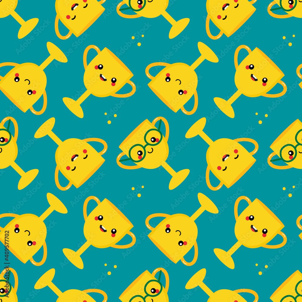 Fototapeta premium Cute and happy cartoon style golden challenge cup, trophy characters with dots for sport and business design. 
