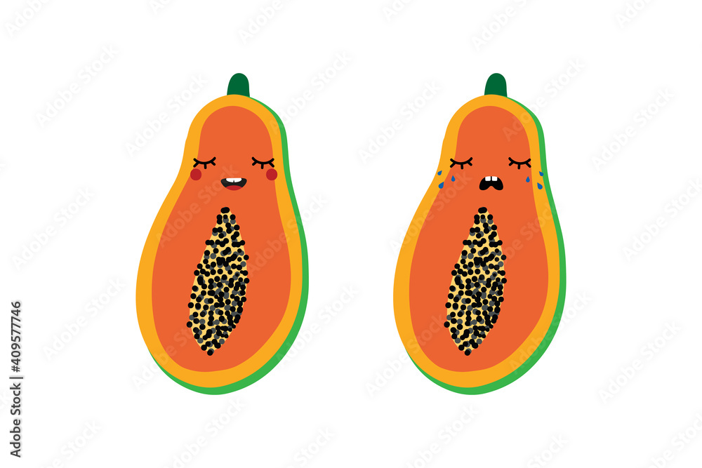 Couple of cute cartoon style papaya fruit characters happy smiling and sad crying. Couple of cute cartoon style papaya fruit characters happy smiling and sad crying.