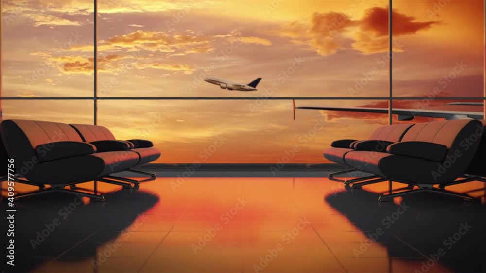 Panoramic window in the airport lounge, view of the sunset and the plane taking off.